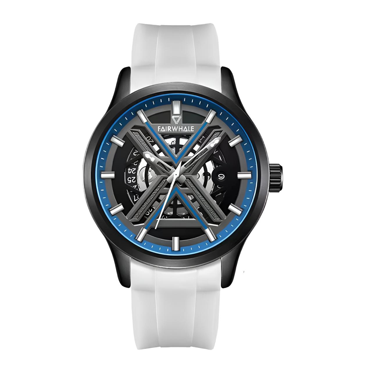 Mark Fairwhale VOLANTIS Ash Alloy black white automatic watch, skeleton dial, calendar function, silicone strap, 43mm round case, luminous hands