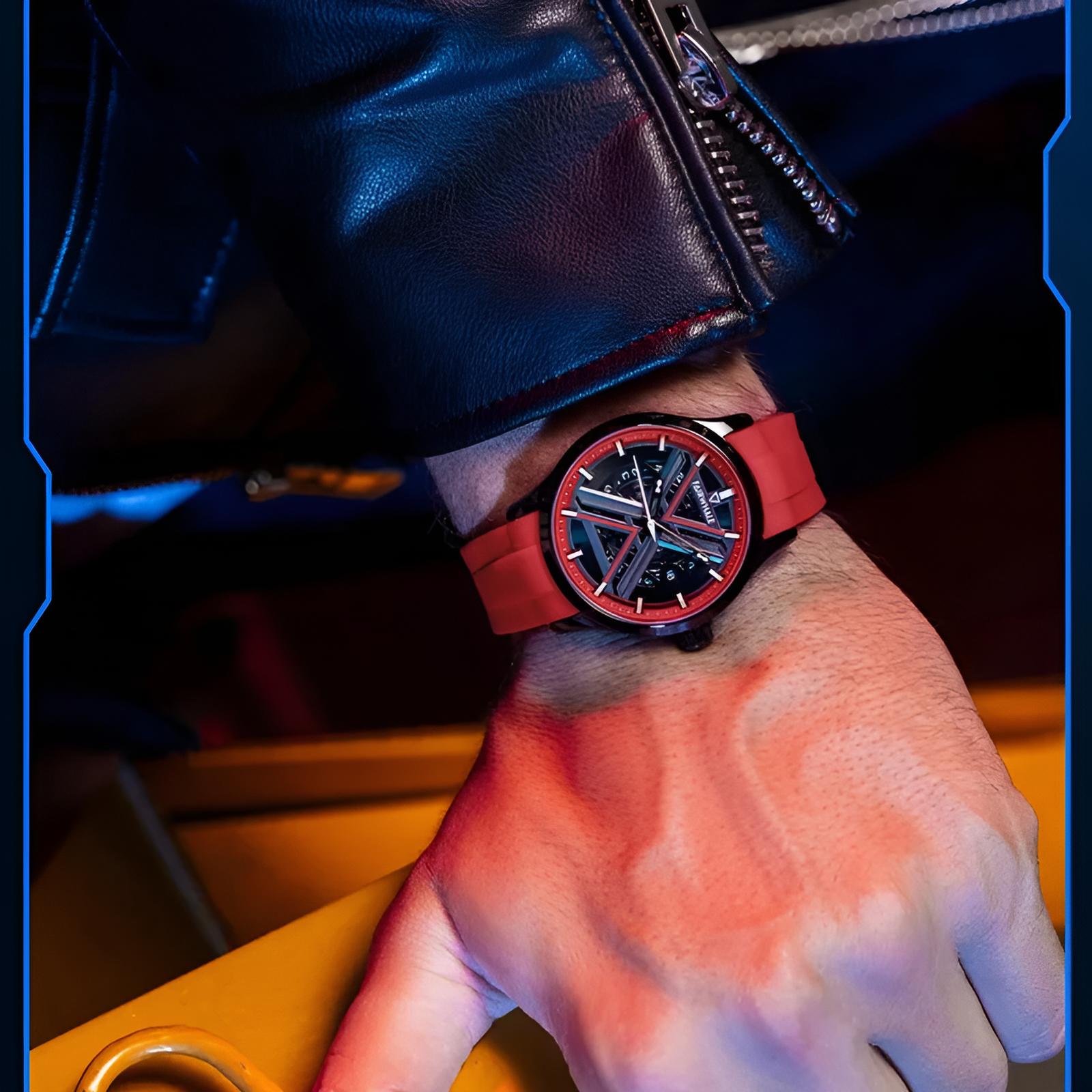 Mark Fairwhale VOLANTIS Crimson Pulse – Red accent vintage skeleton automatic watch for men with calendar and sport silicone strap