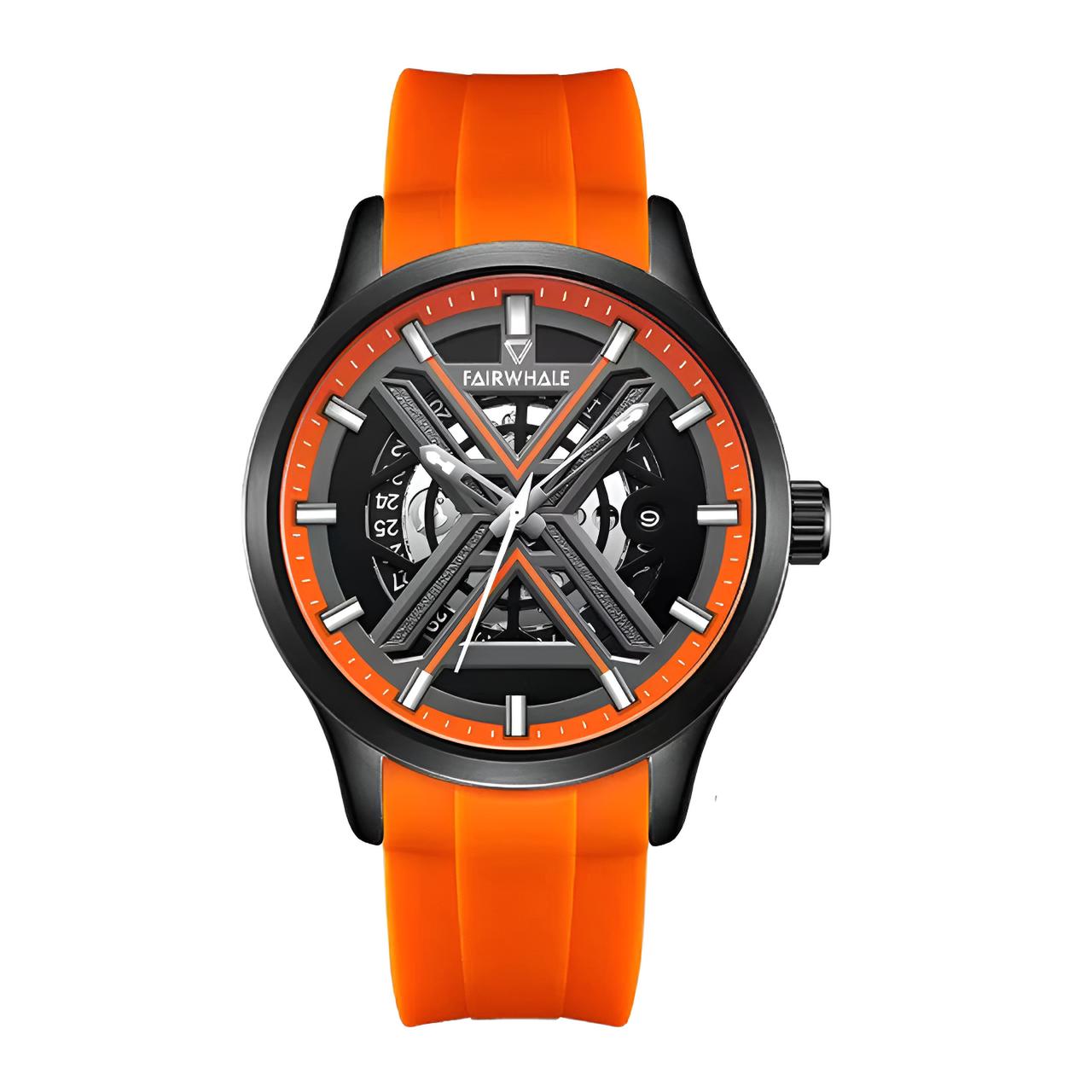 Mark Fairwhale VOLANTIS Ember Core skeleton automatic watch for men, black orange silicone strap, calendar function, luminous hands