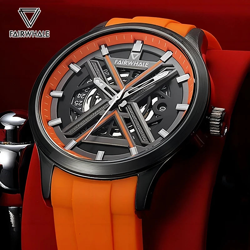 Mark Fairwhale VOLANTIS Ember Core – Warm orange dial skeleton watch for men, luminous hands and self-winding movement