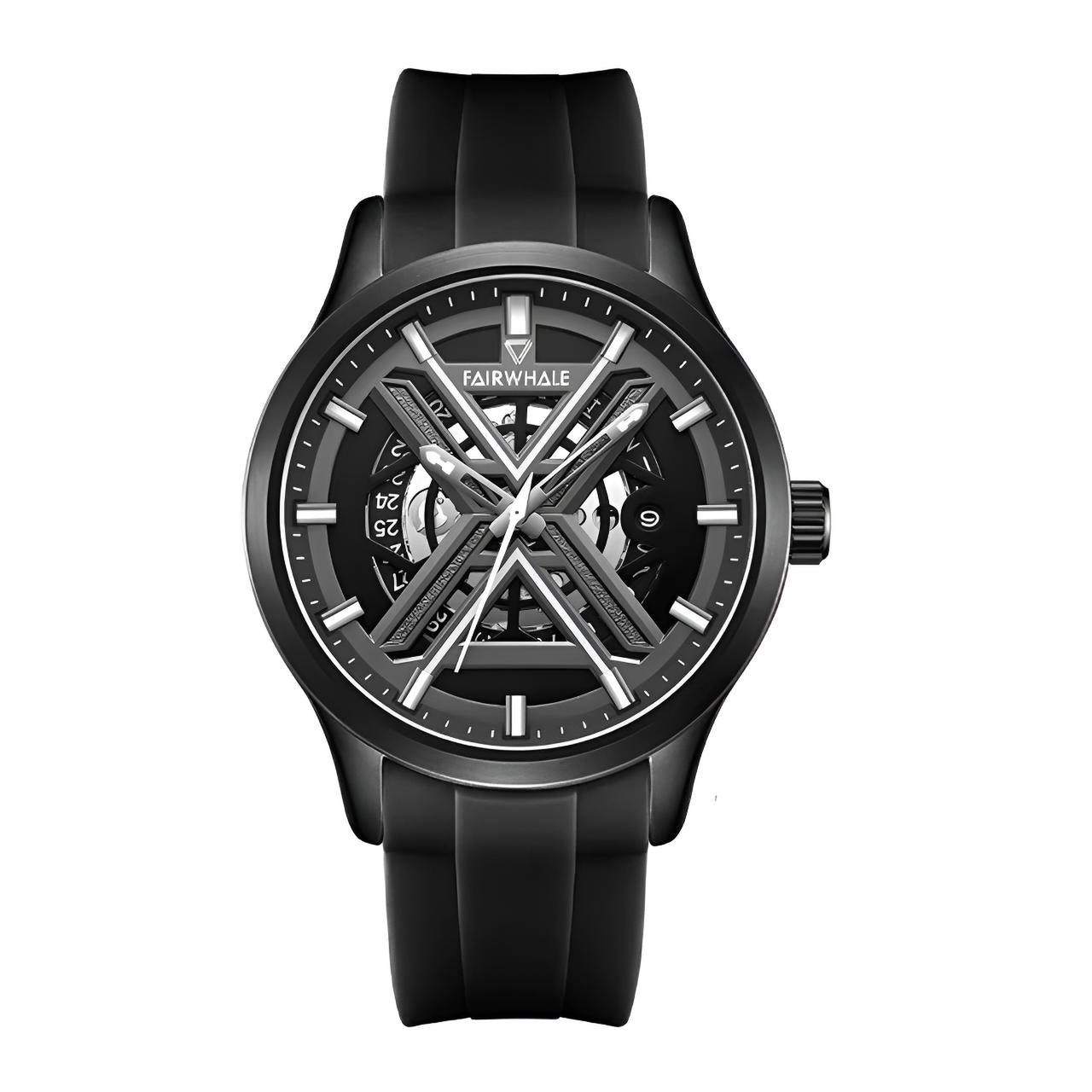 Mark Fairwhale VOLANTIS Obsidian Frame black automatic skeleton watch, complete calendar, luminous dial, alloy case