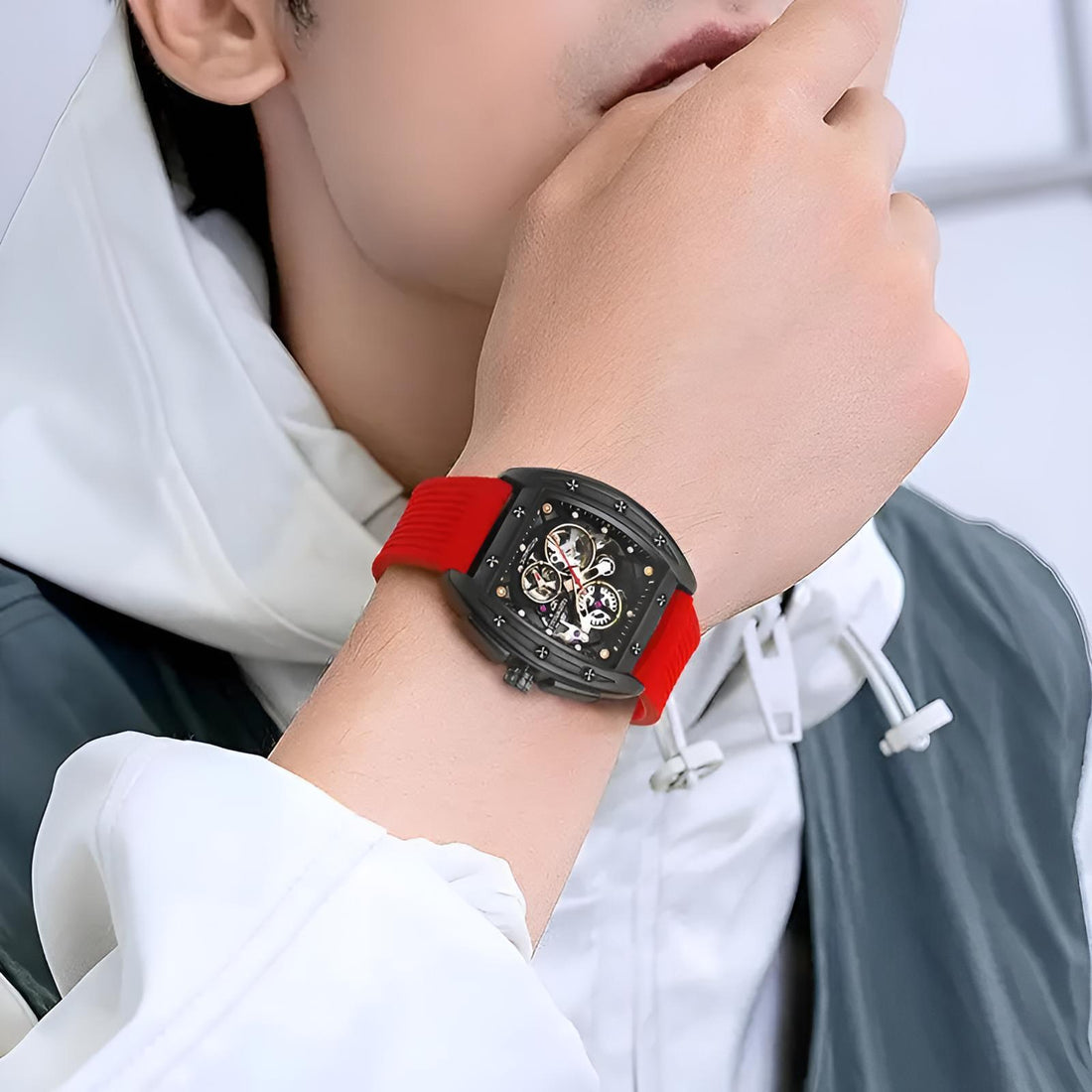 Mark Fairwhale VORTAC Velocity Red – Red accent skeleton tourbillon automatic watch for men with tonneau case and rubber strap