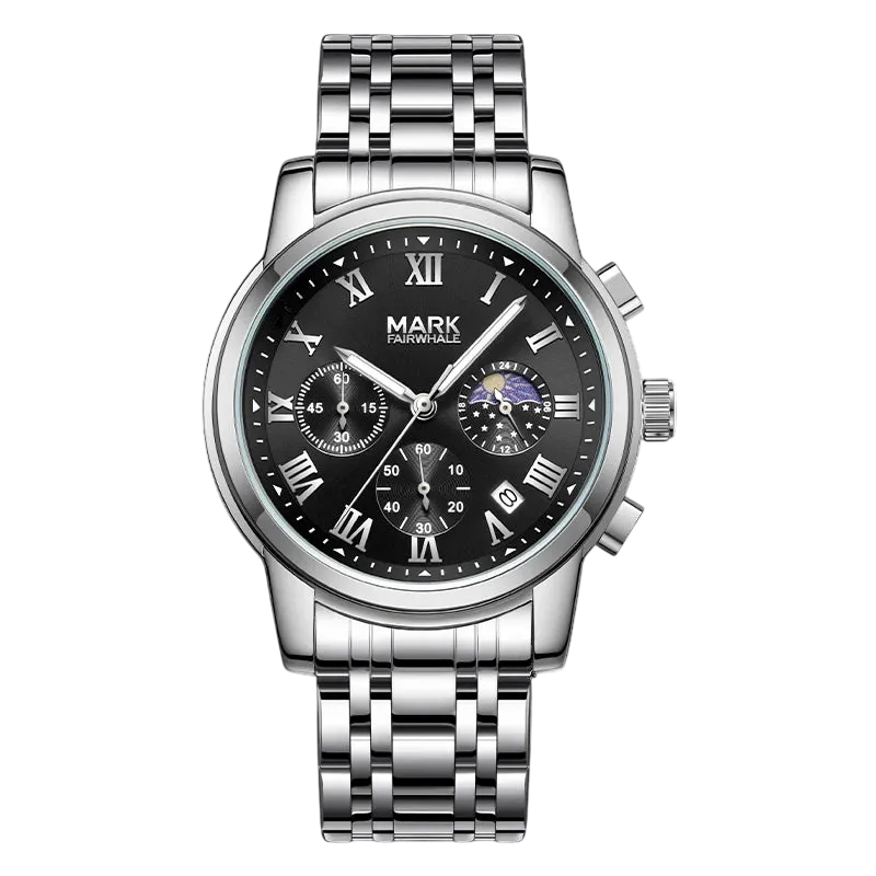 Mark Fairwhale men’s chronograph watch with silver stainless steel case and bracelet, black dial with Roman numerals and moon phase subdial, front view on transparent background