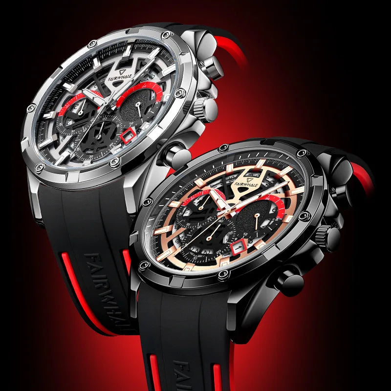 Pair of Mark Fairwhale TONIX sports chronograph watches in black-gold and silver-red editions.