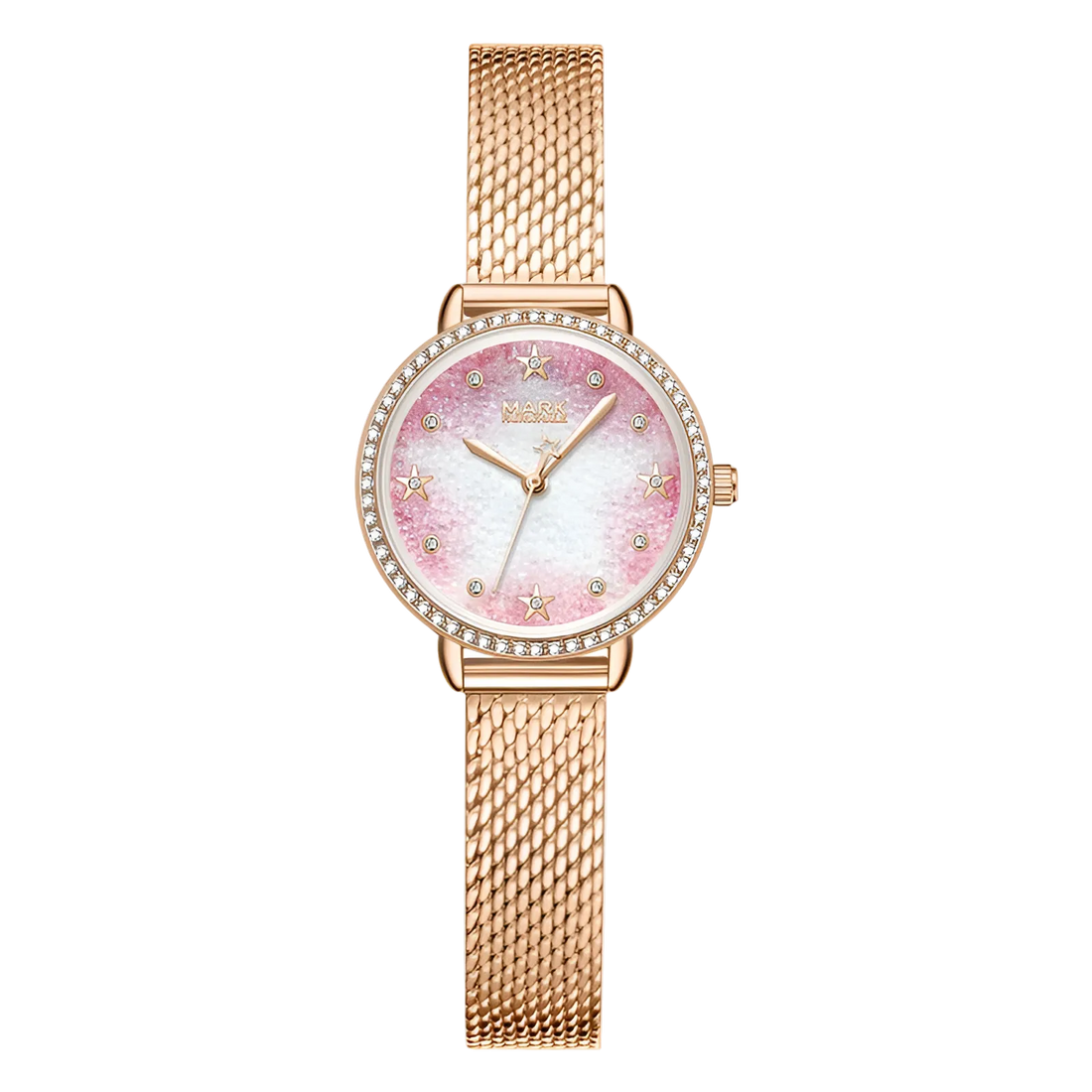 Rose gold watch with a pink face on a white background