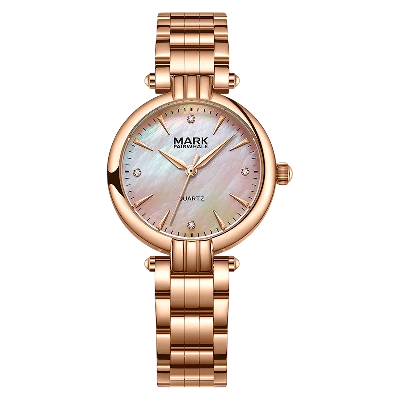 Rose gold watch with a white face on a white background