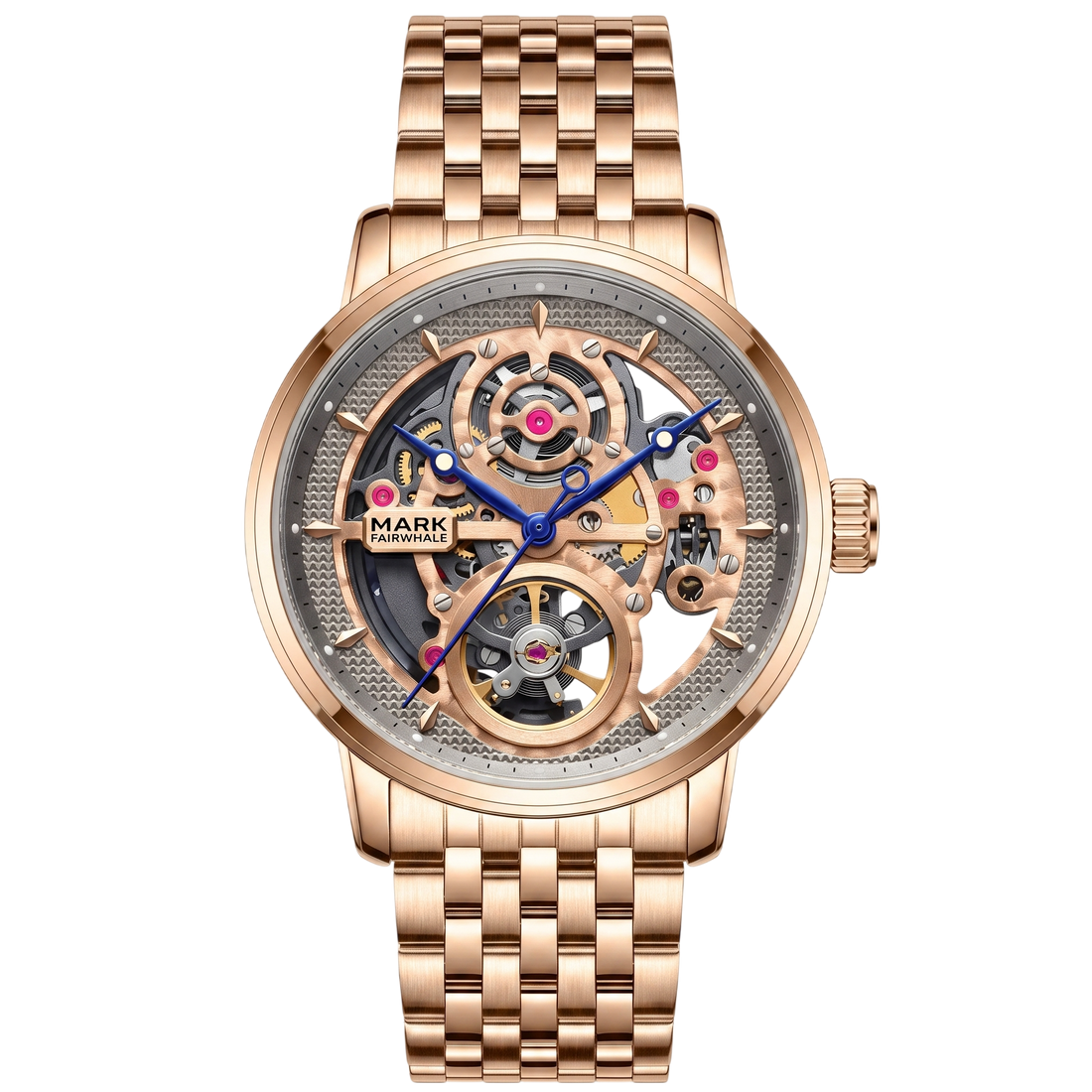 Rose gold watch with visible mechanical components on a white background