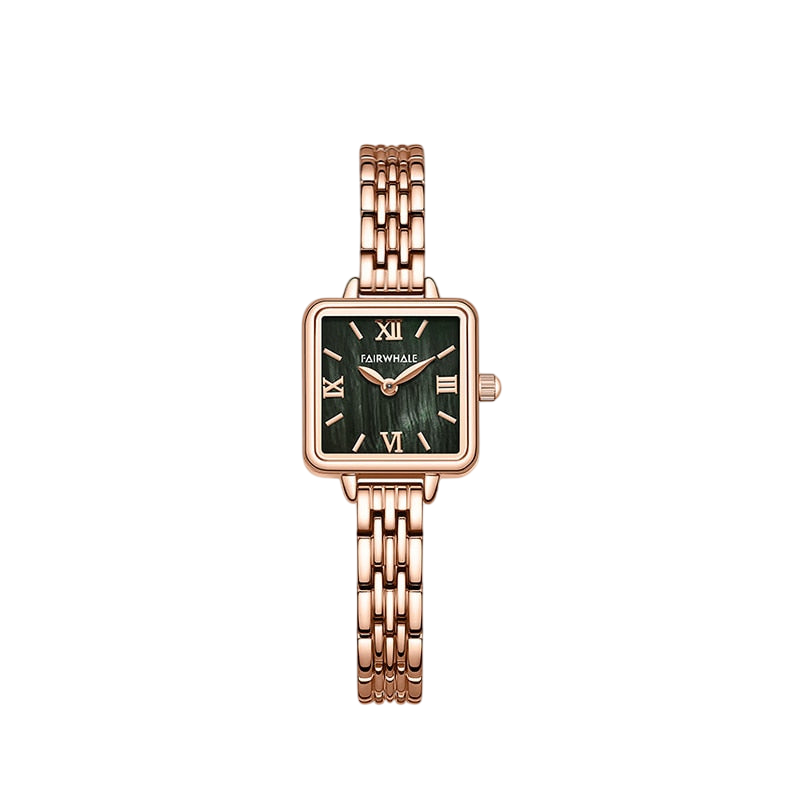 Rose gold watch with a green face on a white background