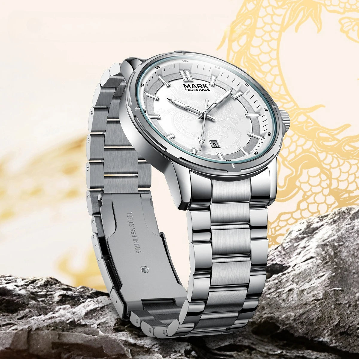 Side angle of Mark Fairwhale DRACONIS stainless steel watch showcasing dragon engraving on the dial.