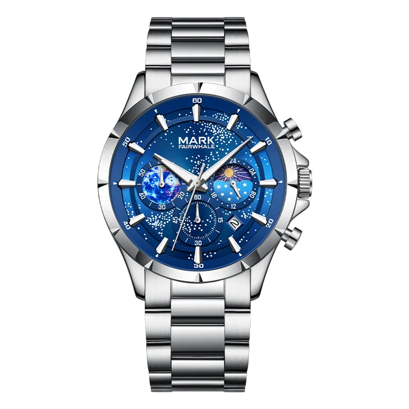 Silver watch with a blue face on a white background