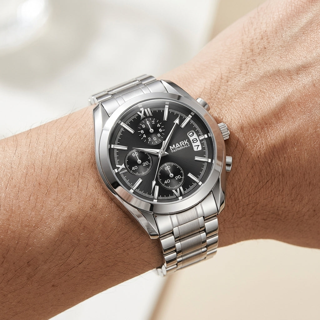 Silver watch with a black face on a wrist against a neutral background