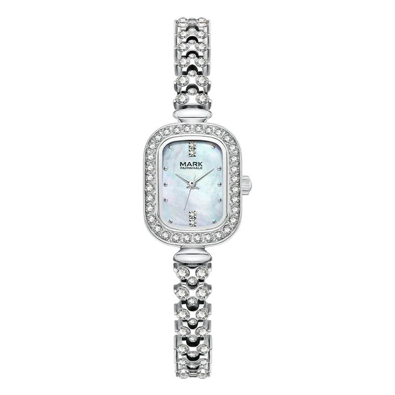 Silver watch with decorative band on a white background
