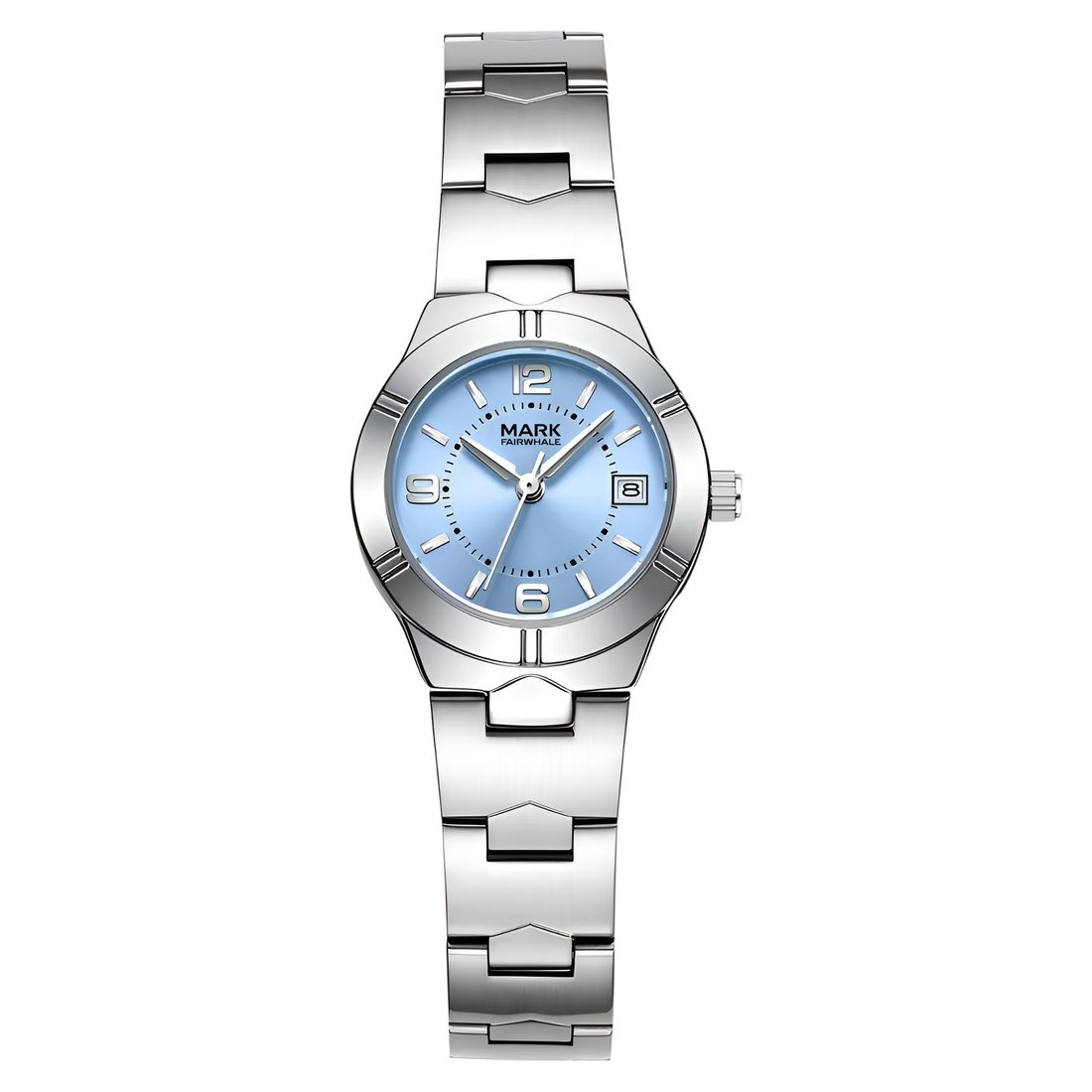 Silver watch with a blue face on a white background