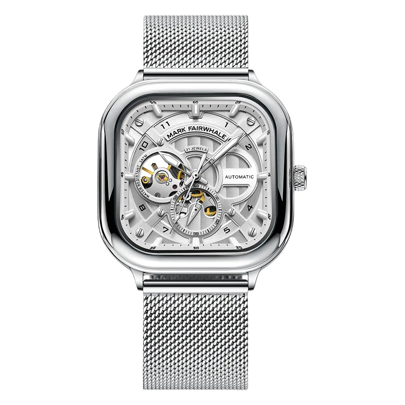 Silver watch with a detailed face on a white background
