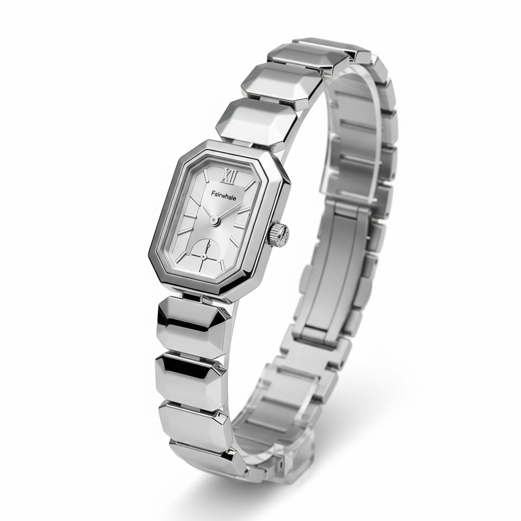 Silver watch with a hexagonal face on a white background