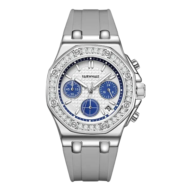 Silver watch with blue face and diamond-studded bezel on a white background