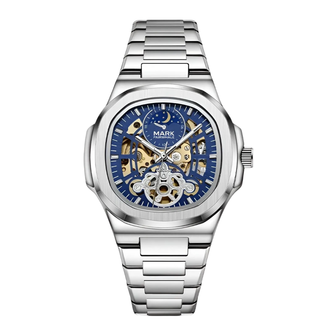 Silver watch with blue face on a white background