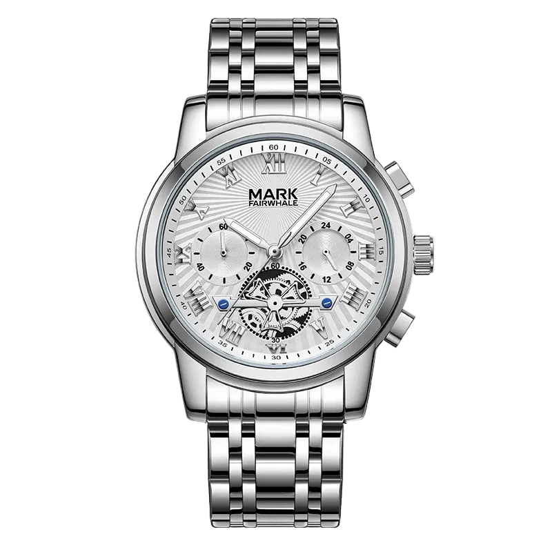 Silver watch with detailed face on a white background