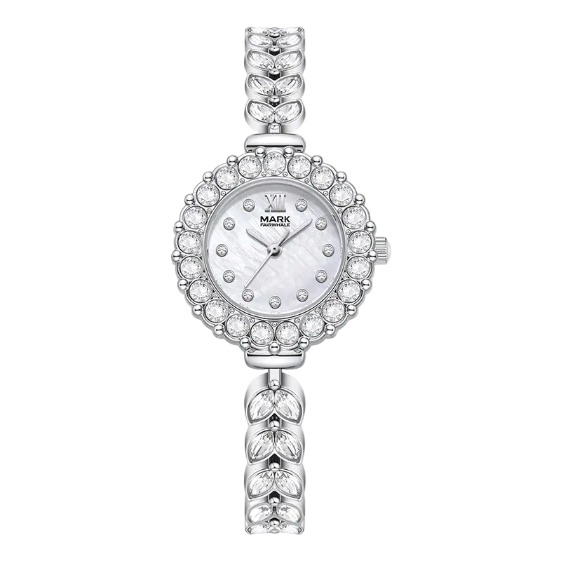 Silver watch with gemstone accents on a white background