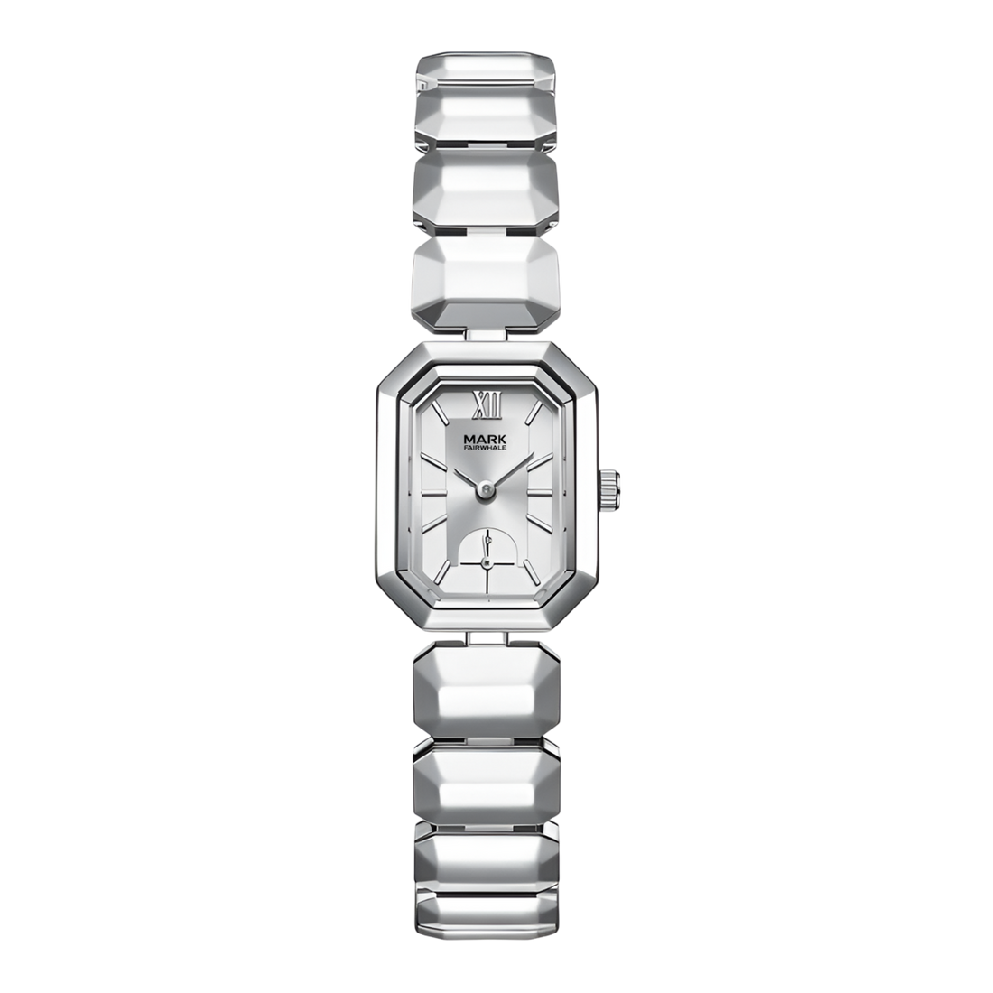 Silver watch with geometric strap design on a white background