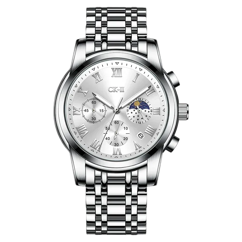 Silver wristwatch with detailed face on a white background