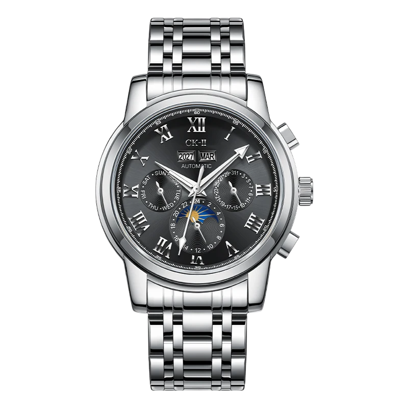 Silver wristwatch with a black dial on a white background
