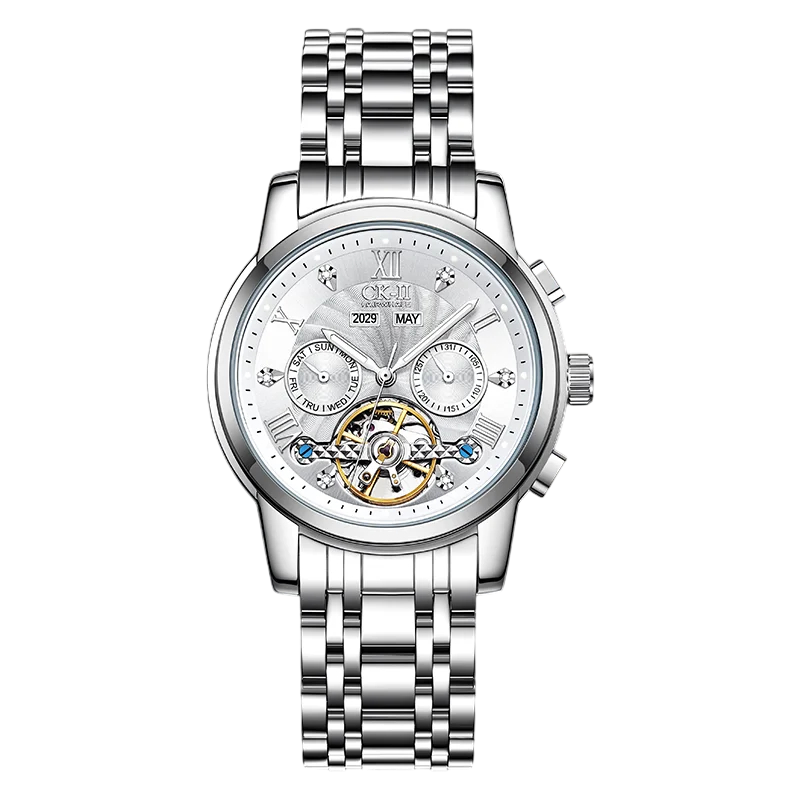 Silver wristwatch with detailed face on a white background