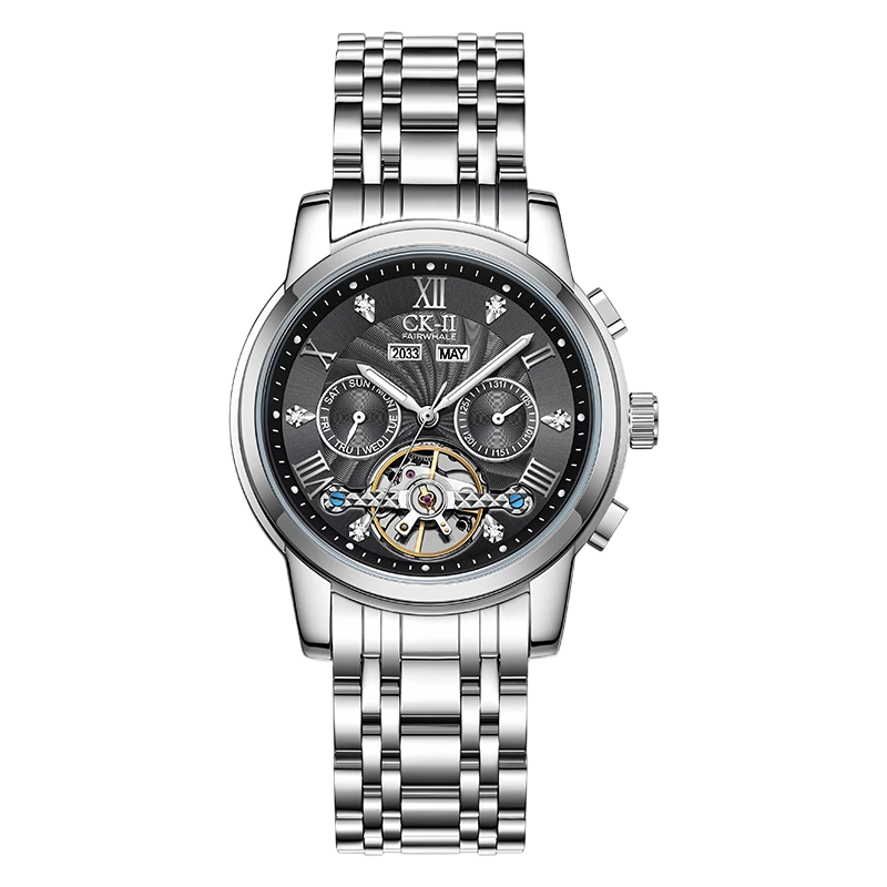 Silver wristwatch with a detailed face on a white background