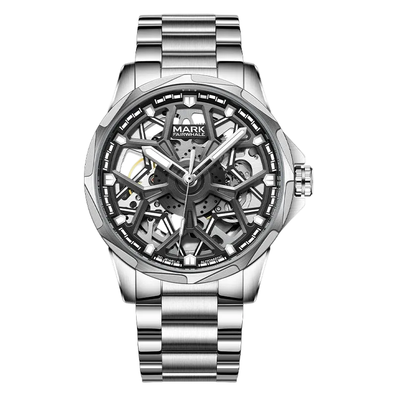 Silver wristwatch with a detailed face on a white background