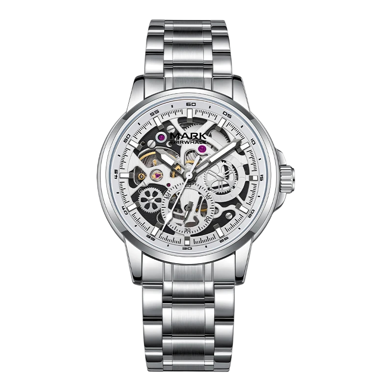 Silver wristwatch with a detailed mechanical face on a white background