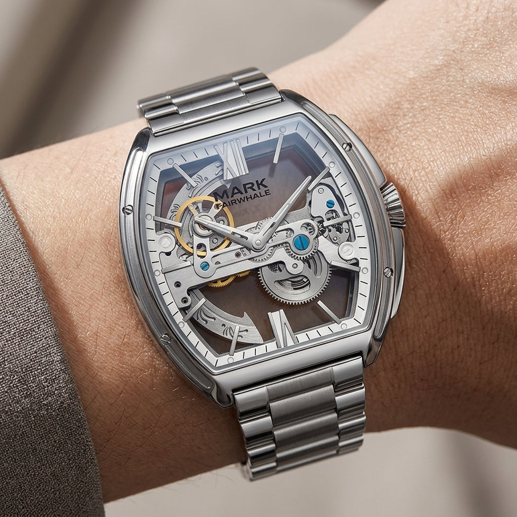 Silver wristwatch with intricate design on a person&