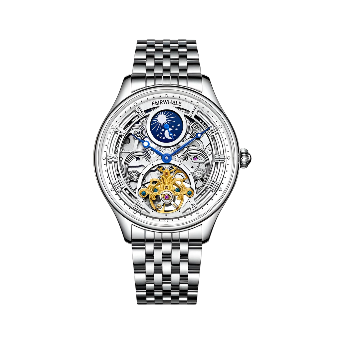 Silver wristwatch with intricate design on a white background