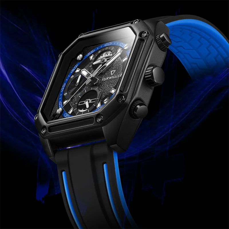 Square chronograph men’s watch by Mark Fairwhale, BLUORA 5540 with blue silicone strap and luminous hands, stylish urban wristwatch.