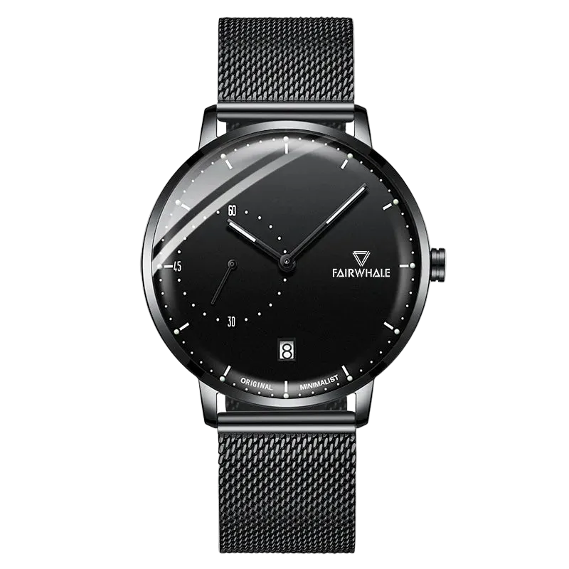 VELION Minimalist Mesh Business Watch black dial close-up on surface