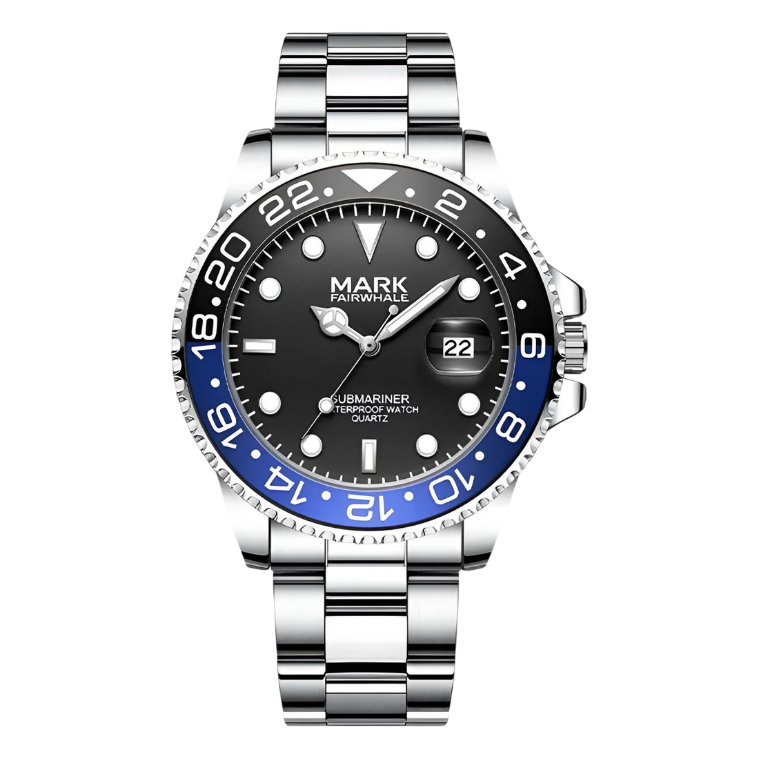 Watch with black dial, blue bezel, and silver bracelet on a white background