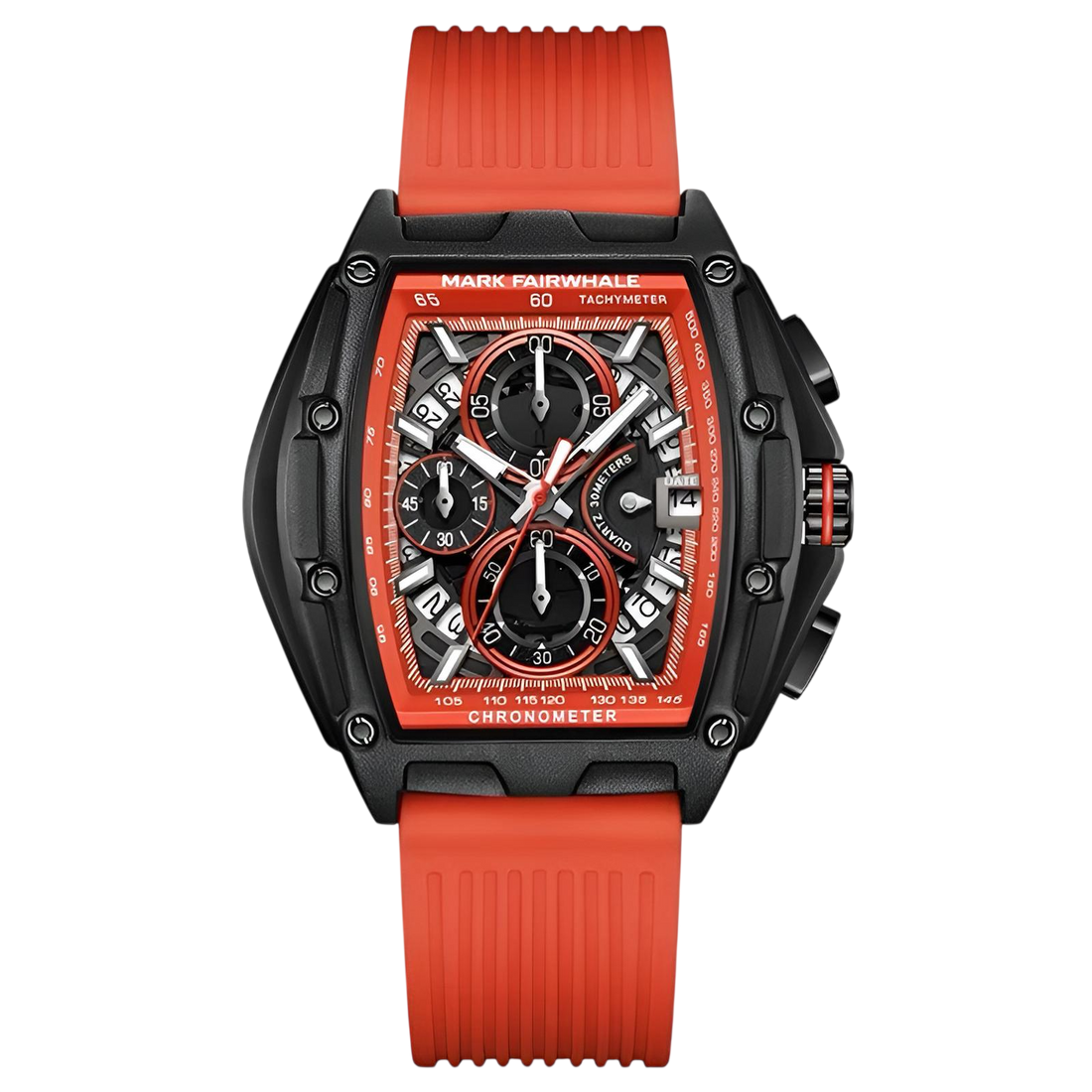 Watch with red strap and black case on a white background
