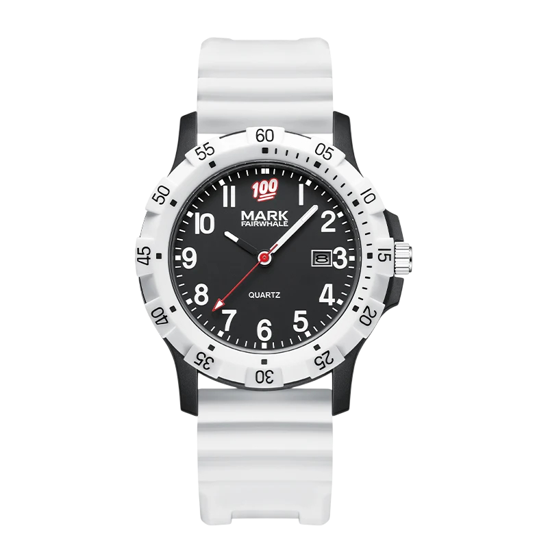 Watch with white strap and black dial on a white background