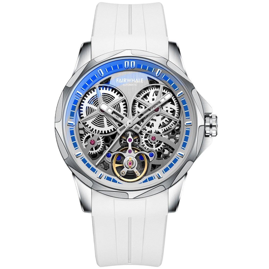 White wristwatch with blue accents on a white background