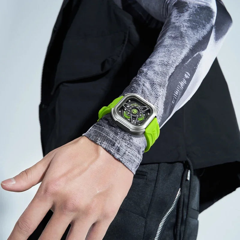 Wrist shot of Mark Fairwhale 5740 square chronograph quartz watch in green strap