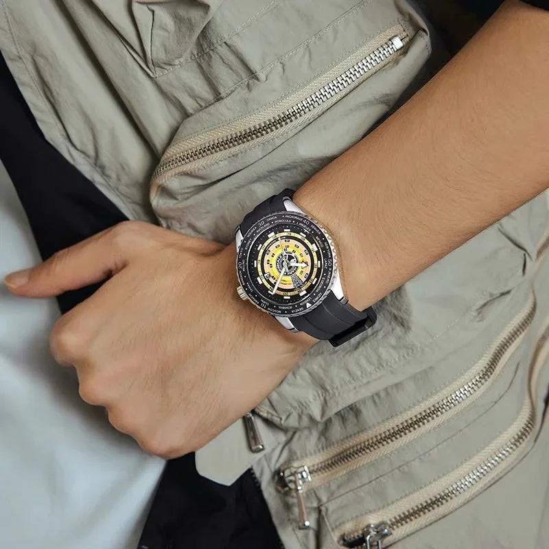 Wrist shot of Mark Fairwhale 5930 MIRRORA futuristic men’s watch with mirror dial