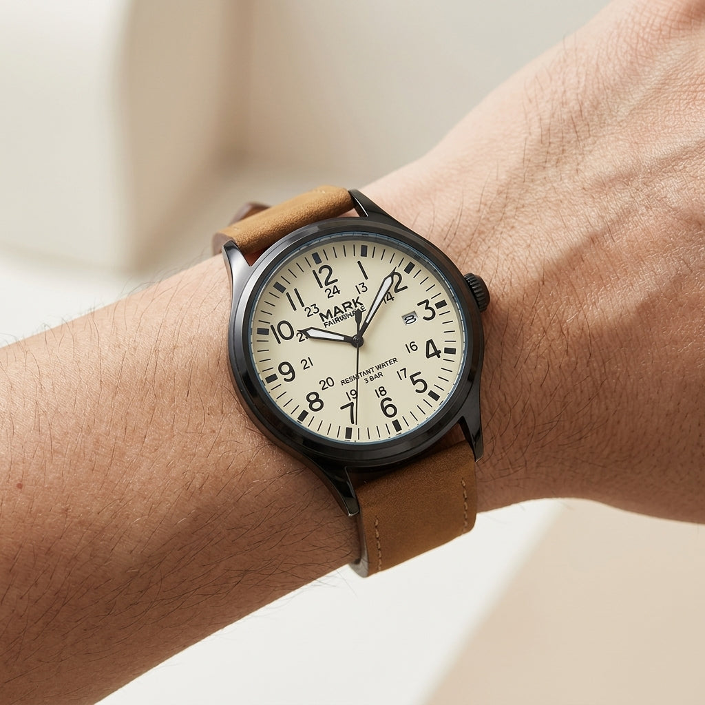 Wrist wearing a watch with a brown leather strap and white face.