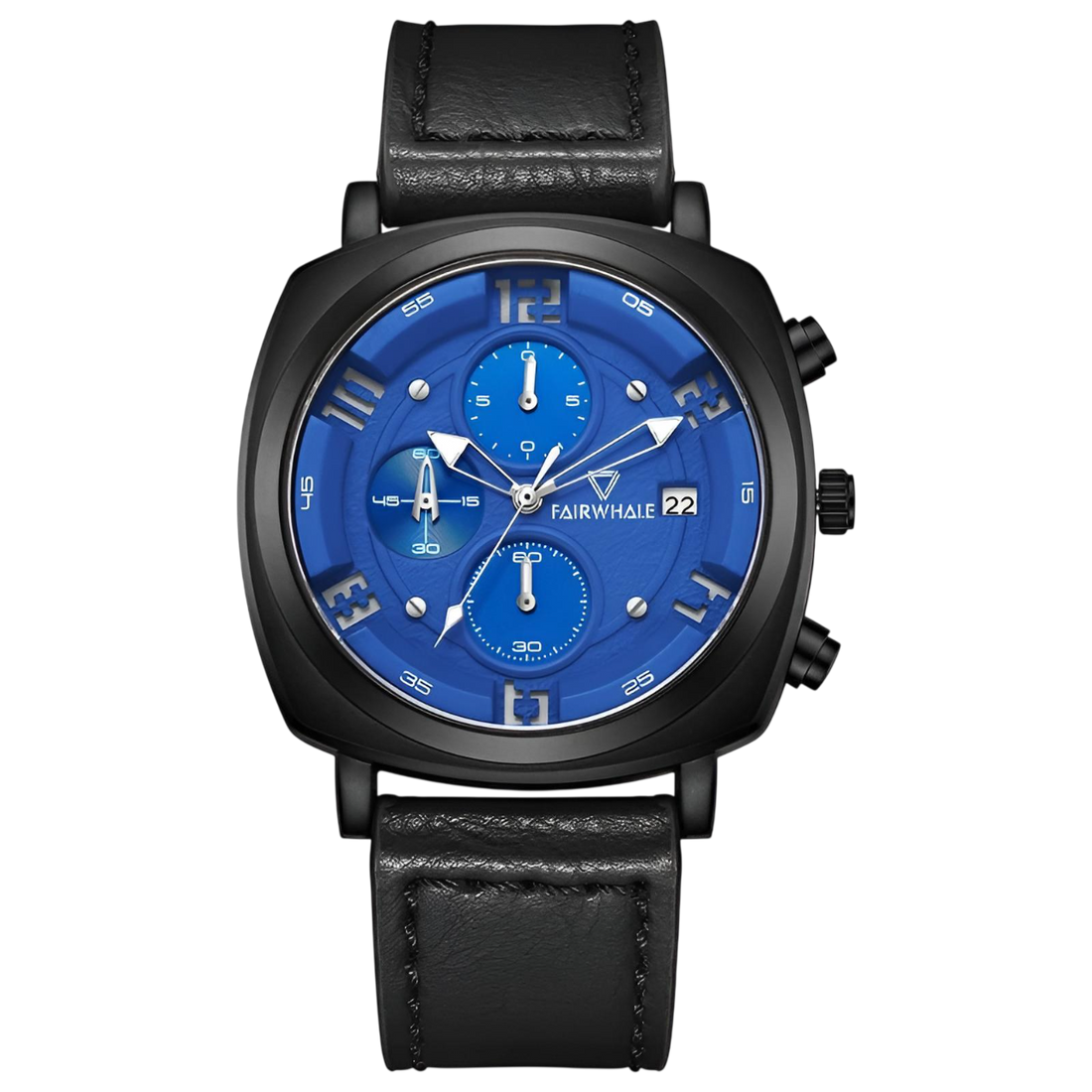 Wristwatch with blue dial and black leather strap on a white background