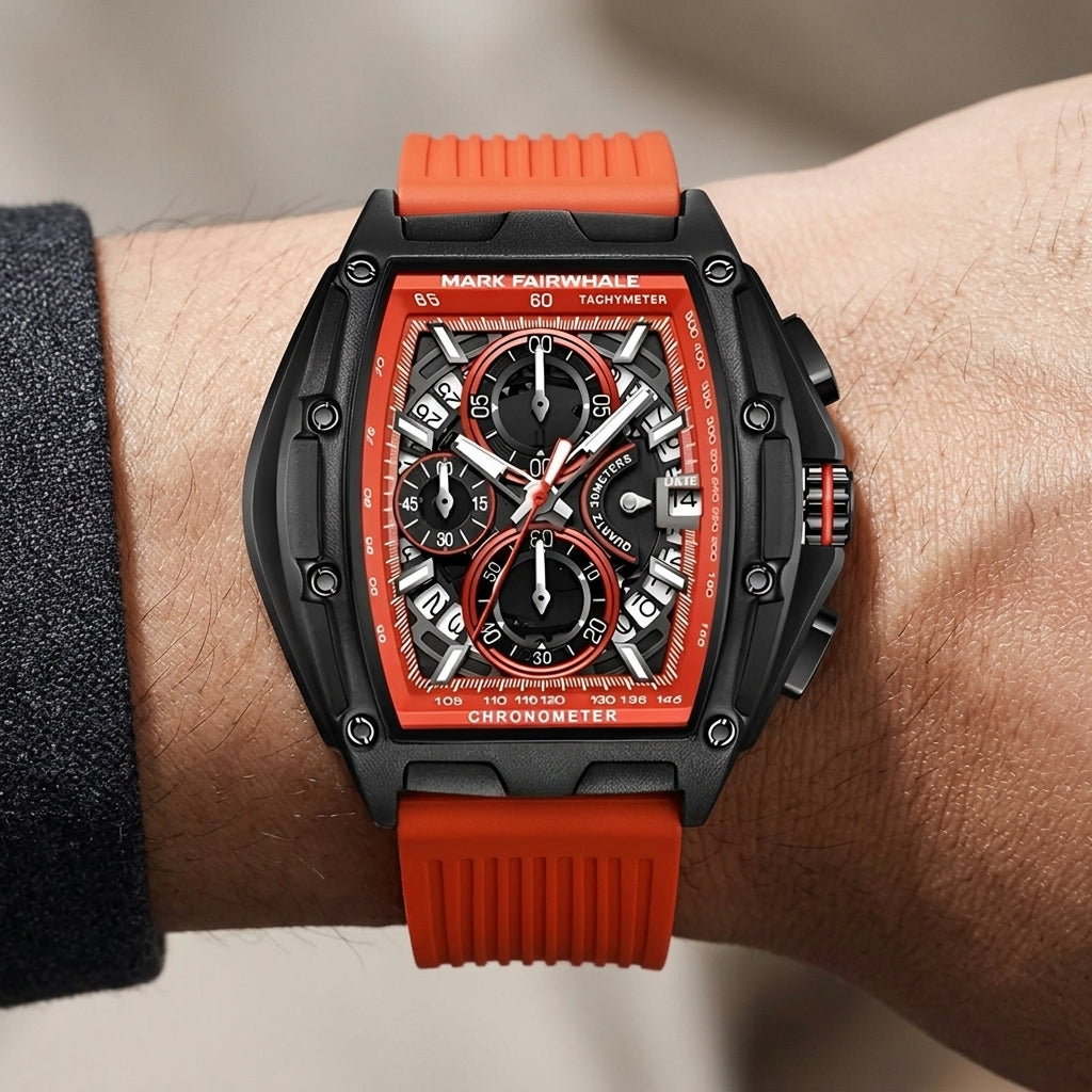 Mark Fairwhale 6590 RUBBE - Lifestyle shot, person wearing the red strapped watch