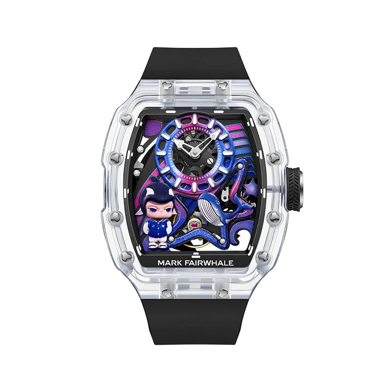Mark Fairwhale AERION automatic mechanical watch with black rubber strap and purple skeleton dial.