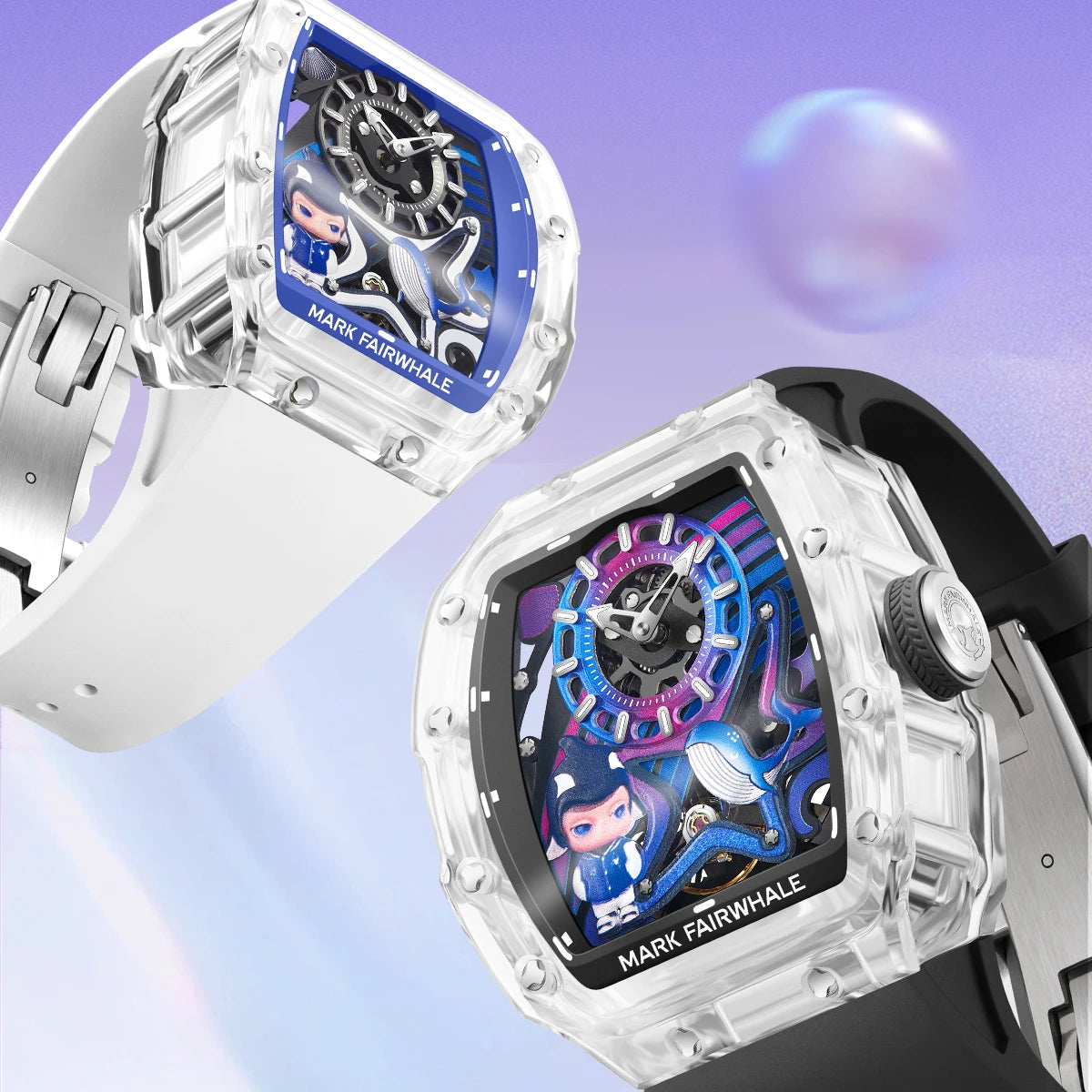 Mark Fairwhale AERION automatic mechanical watch with blue dial and white rubber strap – men’s luxury sport watch.