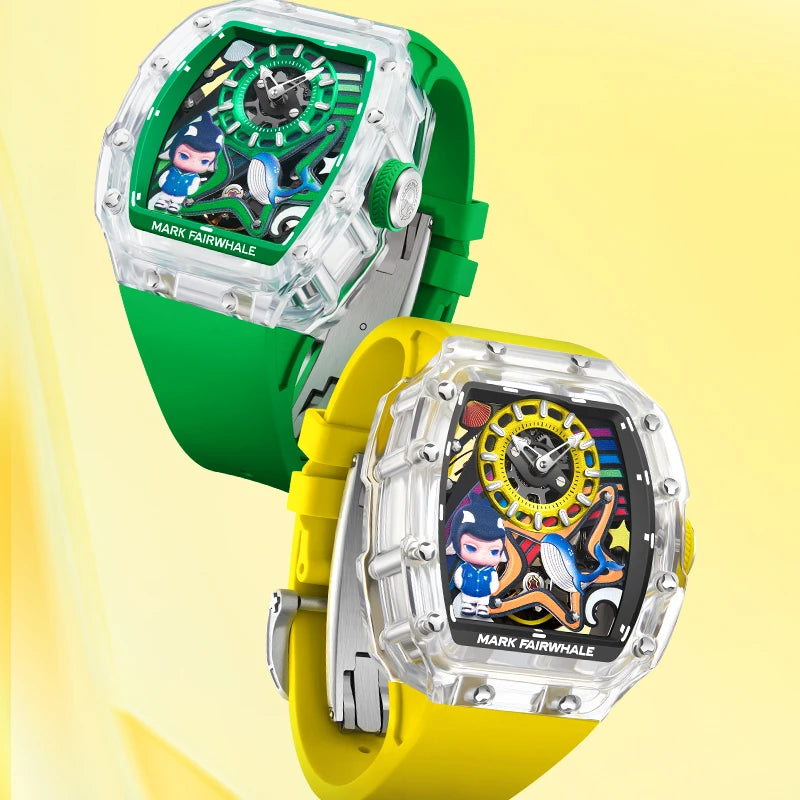 Mark Fairwhale AERION men’s automatic mechanical watch with yellow and green rubber straps, sporty tonneau case design.