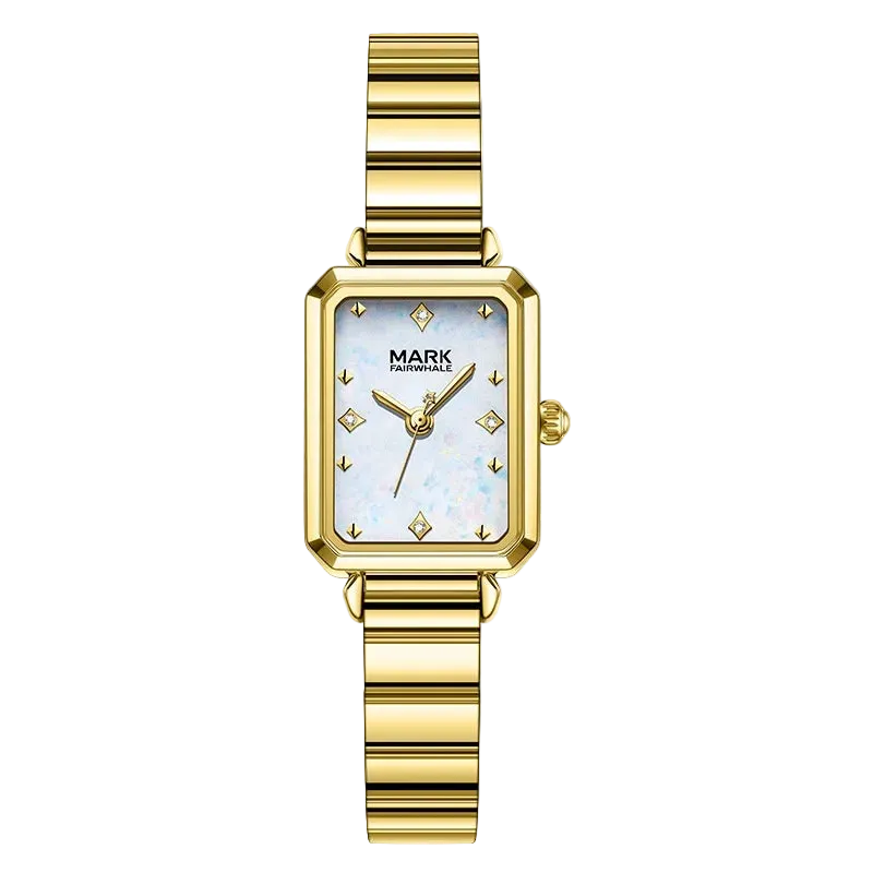 Mark Fairwhale FW-3070 ALERIA Women’s Square Quartz Watch with mother-of-pearl dial and gold bracelet, front view.