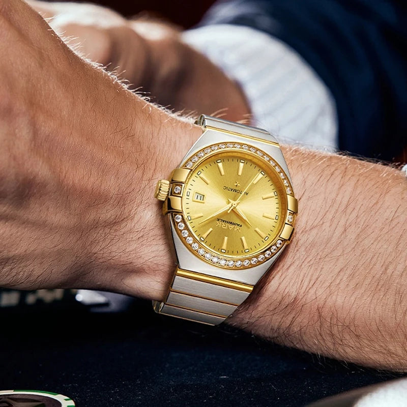 Luxury unisex Mark Fairwhale FW-6830 CASSIAN automatic watch worn on wrist with stainless steel bracelet