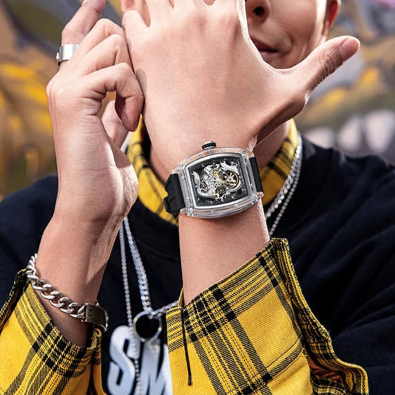 Mark Fairwhale 6990 DRAKONIS automatic men’s watch styled on wrist with streetwear fashion