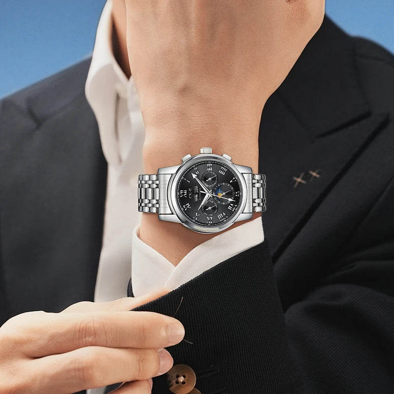 Mark Fairwhale LUNARIX FW-6018 luxury men’s stainless steel chronograph watch with moon phase on wrist.